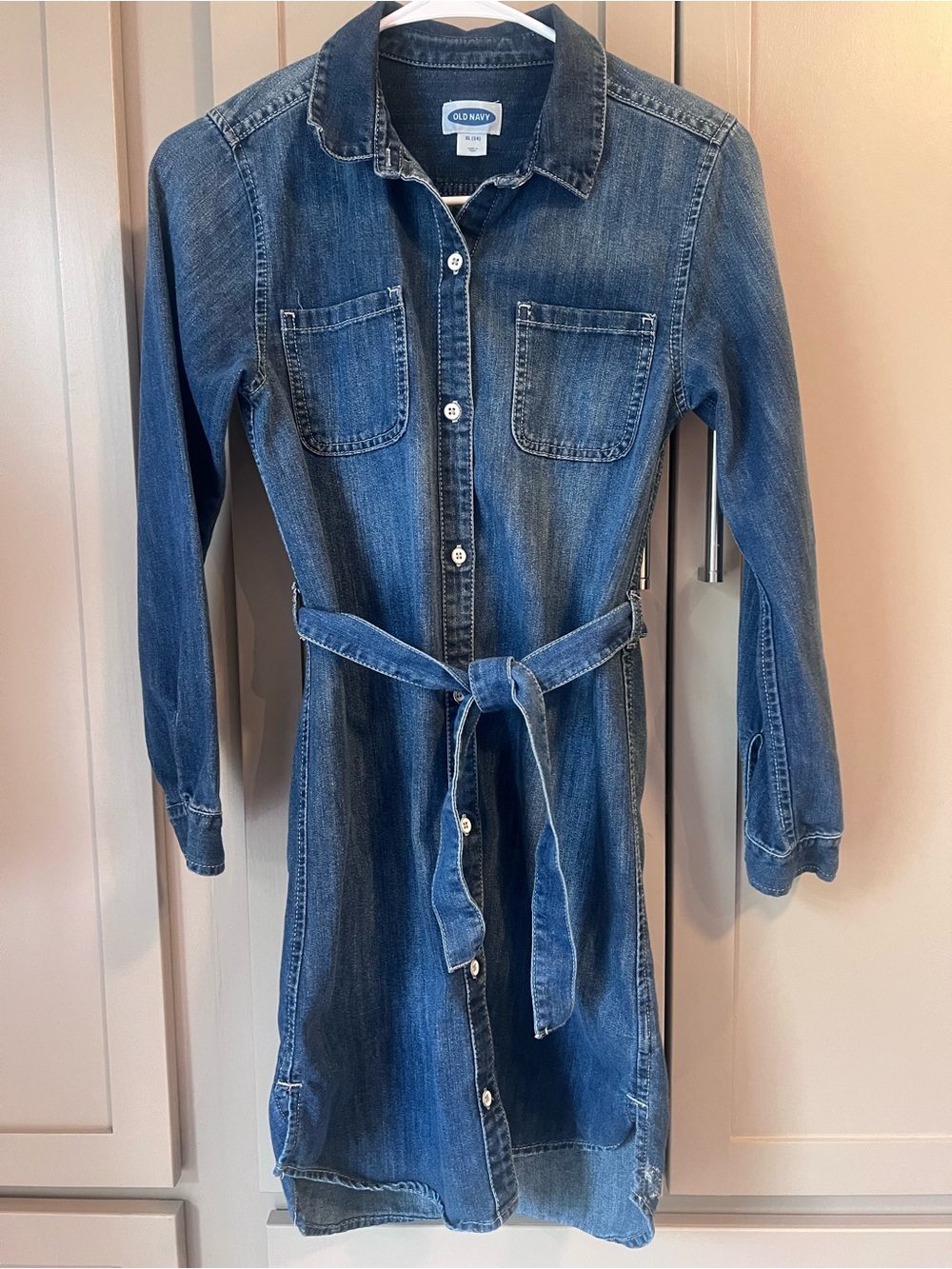 Old Navy Girls Blue Denim Shirt Dress with Tie Waist - Size XL 14 - Like New
